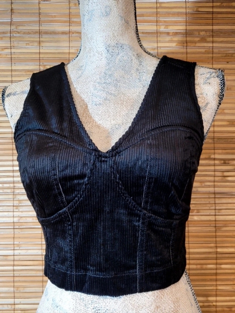 Maeve Fitted Black Corduroy Bustier Top